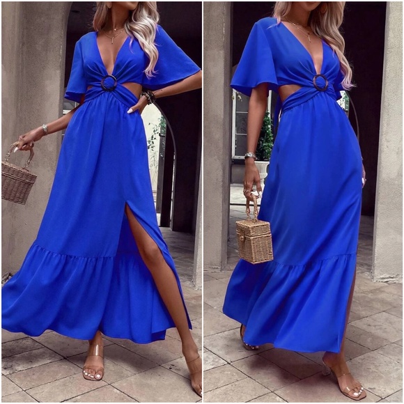 Plunging Neck cut out butterfly Sleeve Maxi Dress - Picture 7 of 9